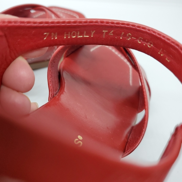 Vintage 90s Trotters Red Leather Stacked wood heel Square open Toe Sandals 7N - Picture 5 of 7